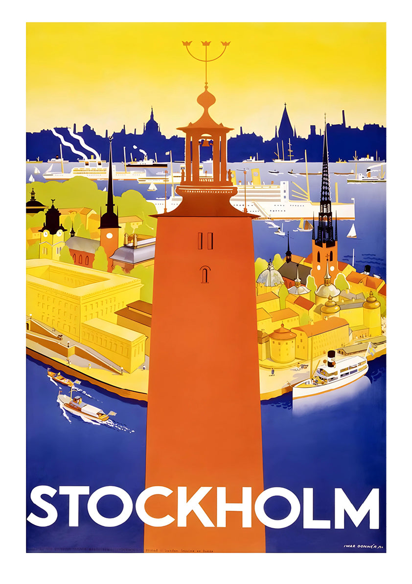 a poster of a harbor with a clock tower