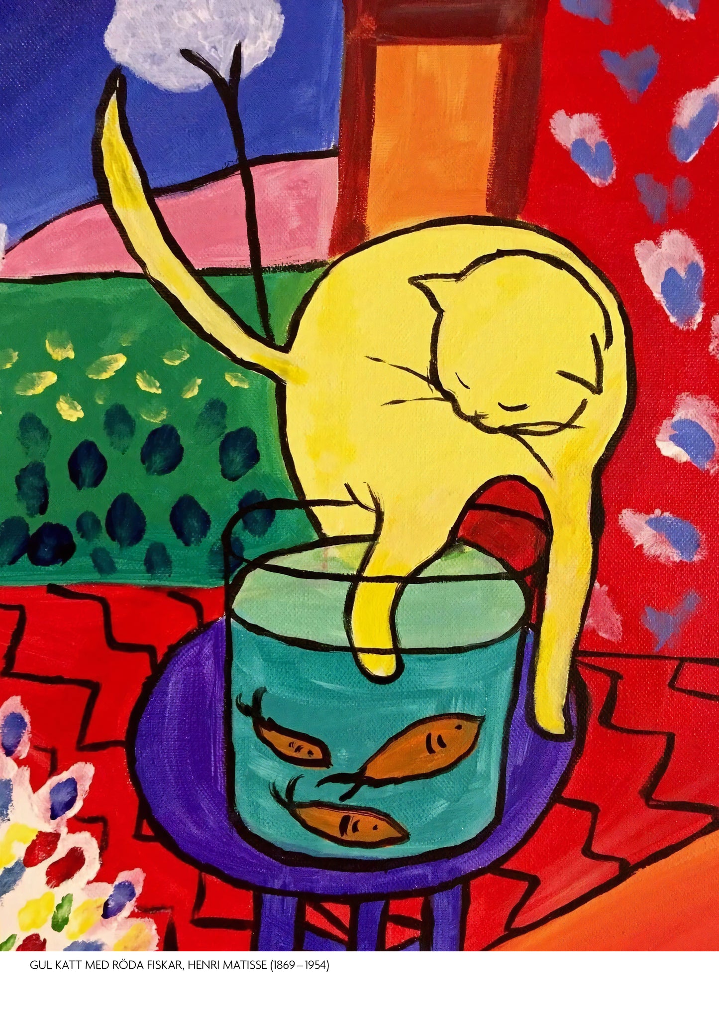 Gul katt med röda fiskar